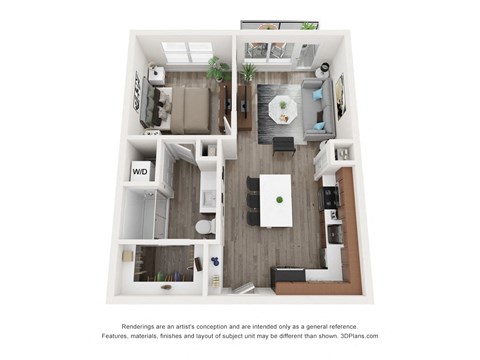 Floor plan for 1 bed, 1 bath, 689 sqft
